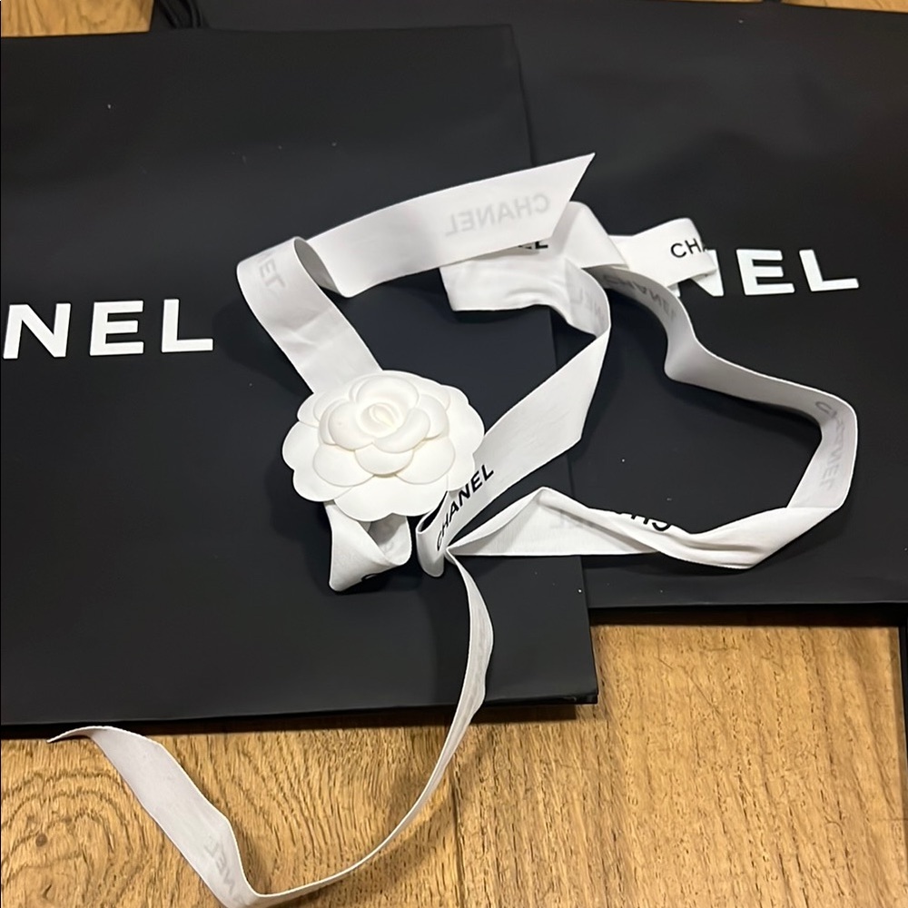 CHANEL Black Shopping Bags with White Camellia Logo and Ribbon - Picture 6 of 7